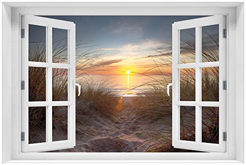 Wallario Glasbild 60 x 90 cm mit Fensterrahmen mit Fenster-Illusion: Sonnenuntergang am Strand - Wandbild mit freischwebender Optik von Wallario