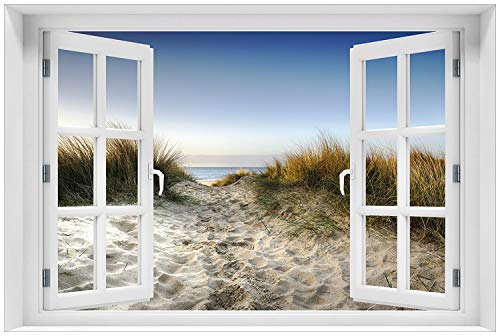 Wallario Glasbild 60 x 90 cm mit Fensterrahmen mit Fenster-Illusion: Weg durch die Dünen zum Strand am Meer - Wandbild mit freischwebender Optik von Wallario