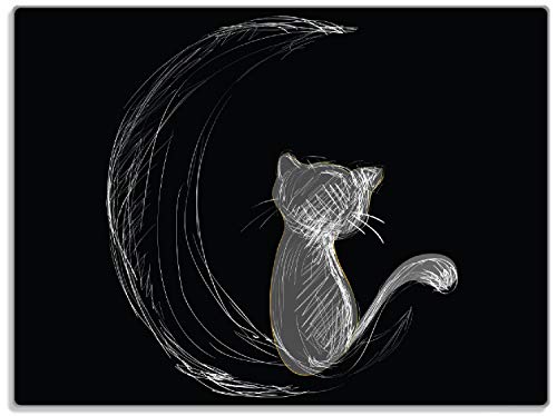 Wallario Glasunterlage/Schneidebrett aus Glas, Katze sitzt auf dem Mond - illustriert in weiß auf schwarz, Größe 30 x 40 cm, Kratzfest, aus Sicherheitsglas von Wallario