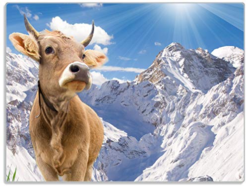 Wallario Glasunterlage/Schneidebrett aus Glas, Kuh im Sonnenschein in den Alpen, Größe 30 x 40 cm, Kratzfest, aus Sicherheitsglas von Wallario