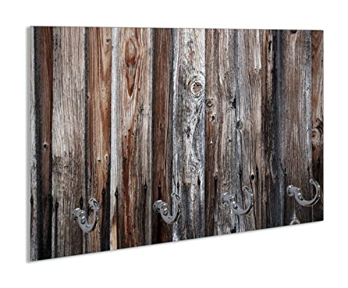Wallario Handtuchhaken für Bad & Küche aus Glas 30 x 20 cm, Wand Handtuchhalter mit 4 Haken, Motiv: Alte Holzwand - Holzplanken in grau und braun von Wallario