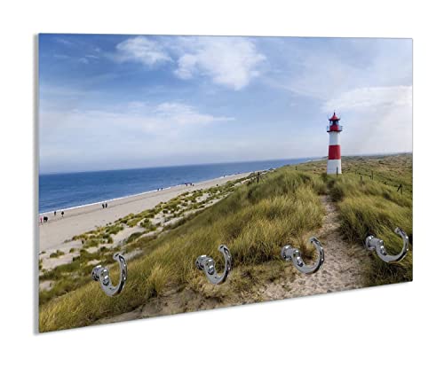 Wallario Handtuchhaken für Bad & Küche aus Glas 30 x 20 cm, Wand Handtuchhalter mit 4 Haken, Motiv: Am Strand von Sylt Leuchtturm auf der Düne Panorama von Wallario