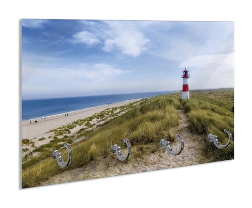 Wallario Handtuchhaken für Bad & Küche aus Glas 30 x 20 cm, Wand Handtuchhalter mit 4 Haken, Motiv: Am Strand von Sylt Leuchtturm auf der Düne Panorama von Wallario