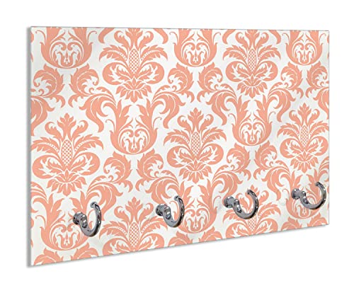 Wallario Handtuchhaken für Bad & Küche aus Glas 30 x 20 cm, Wand Handtuchhalter mit 4 Haken, Motiv: Königliche Schnörkelei in weiß und orange von Wallario
