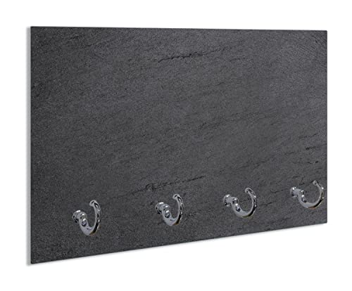 Wallario Handtuchhaken für Bad & Küche aus Glas 30 x 20 cm, Wand Handtuchhalter mit 4 Haken, Motiv: Schwarze Schiefertafel Optik - Steintafel von Wallario