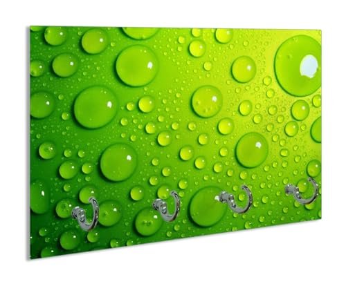 Wallario Handtuchhaken für Bad & Küche aus Glas 30 x 20 cm, Wand Handtuchhalter mit 4 Haken, Motiv: Wassertropfen auf Grün von Wallario