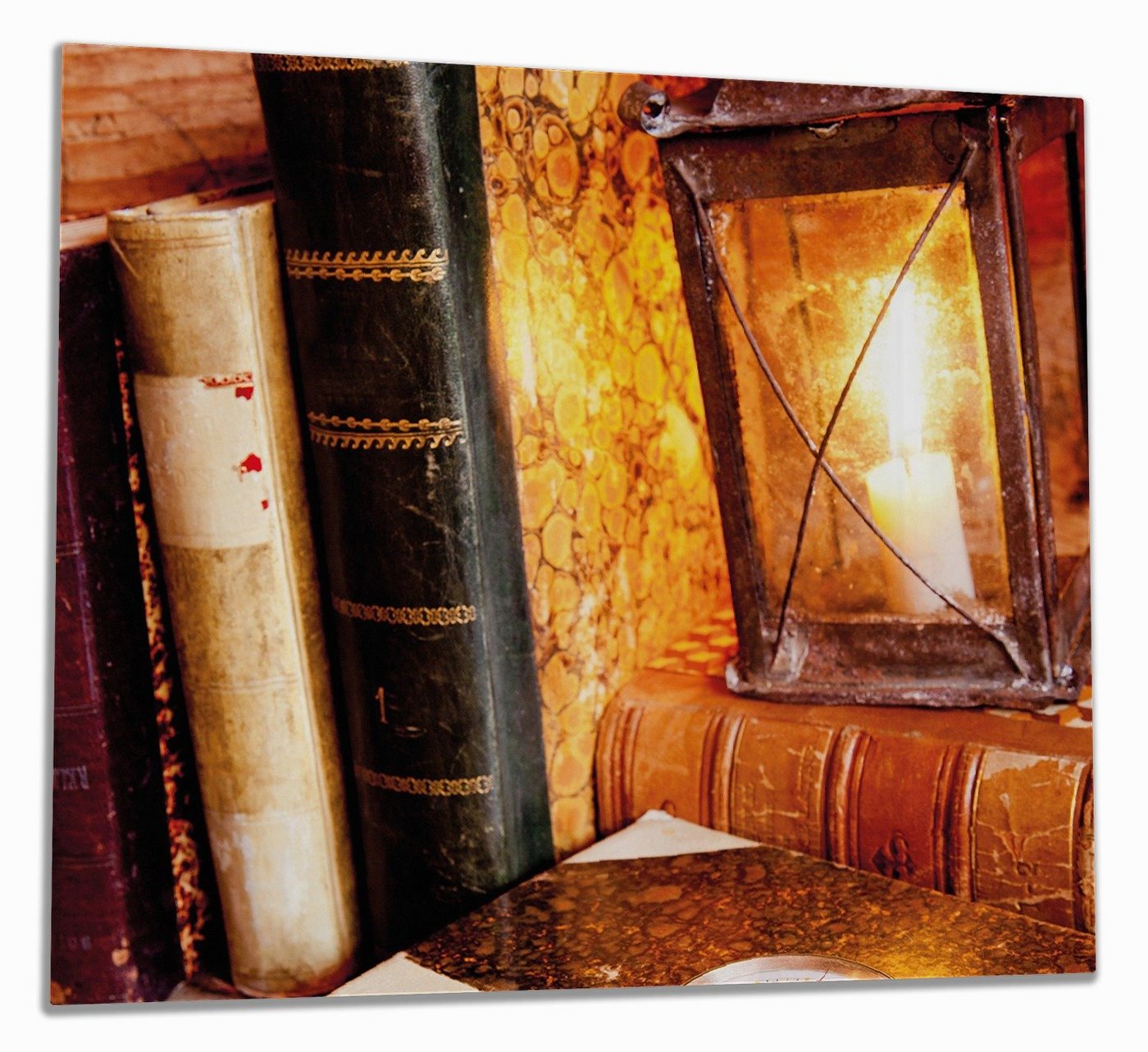 Wallario Herd-Abdeckplatte Antike Laterne mit Kerze alten Büchern und Taschenuhr, ESG-Sicherheitsglas, (Glasplatte, 1 tlg., inkl. 5mm Noppen), verschiedene Größen von Wallario