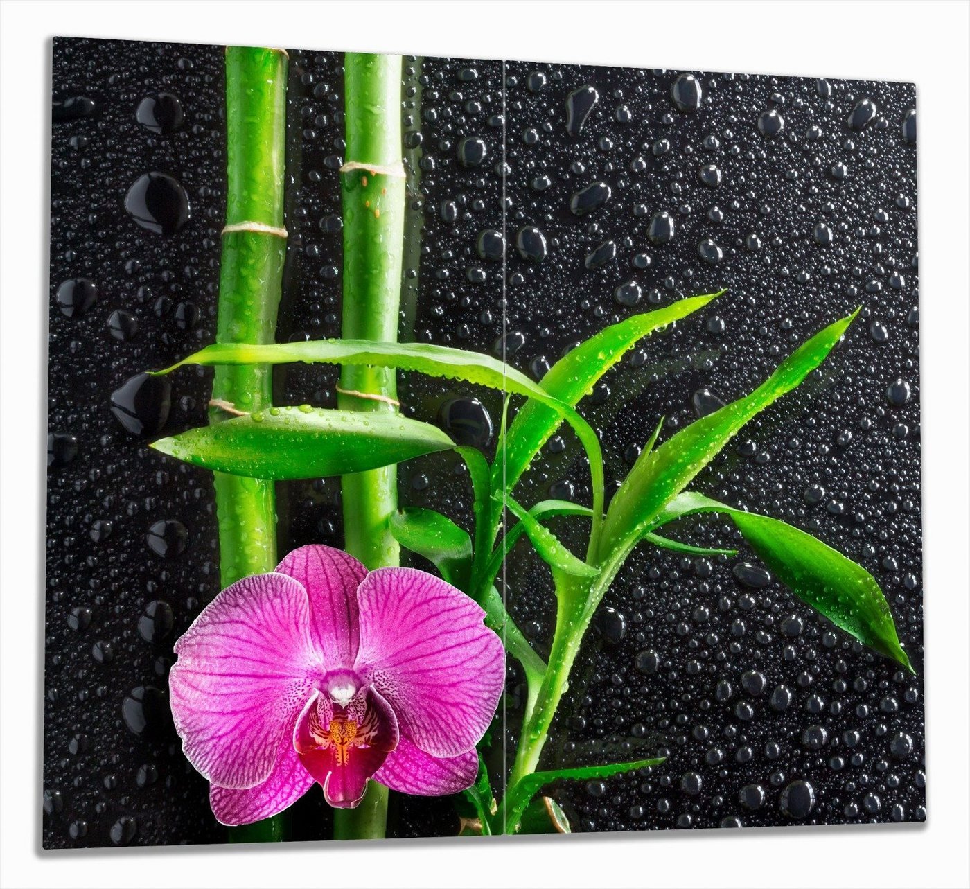Wallario Herd-Abdeckplatte Bambus und pinke Orchidee auf schwarzem Glas mit Regentropfen, ESG-Sicherheitsglas, (Glasplatte, 2 tlg., inkl. 5mm Noppen), verschiedene Größen von Wallario