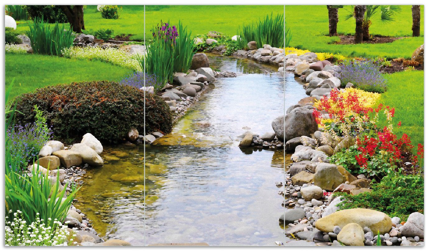 Wallario Herd-Abdeckplatte Blumen am Teich, ESG-Sicherheitsglas, (Glasplatte, 3 tlg., inkl. 5mm Noppen), verschiedene Größen von Wallario