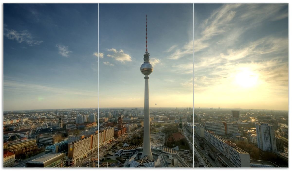 Wallario Herd-Abdeckplatte Fernsehturm Berlin mit Panoramablick über die Stadt, ESG-Sicherheitsglas, (Glasplatte, 3 tlg., inkl. 5mm Noppen), verschiedene Größen von Wallario