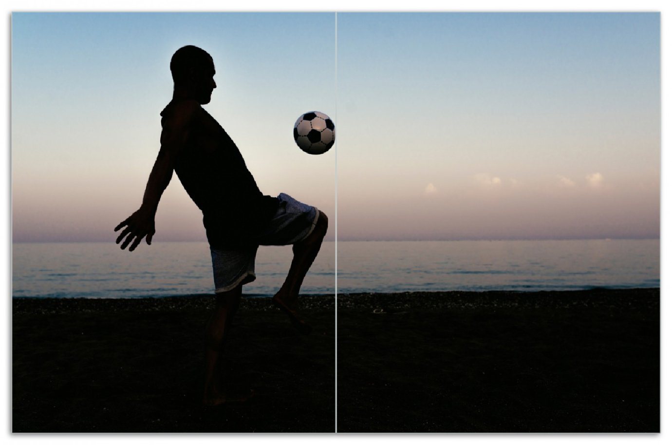 Wallario Herd-Abdeckplatte Fußball Kicker am Strand am Abend, ESG-Sicherheitsglas, (Glasplatte, 2 tlg., inkl. 5mm Noppen), verschiedene Größen von Wallario