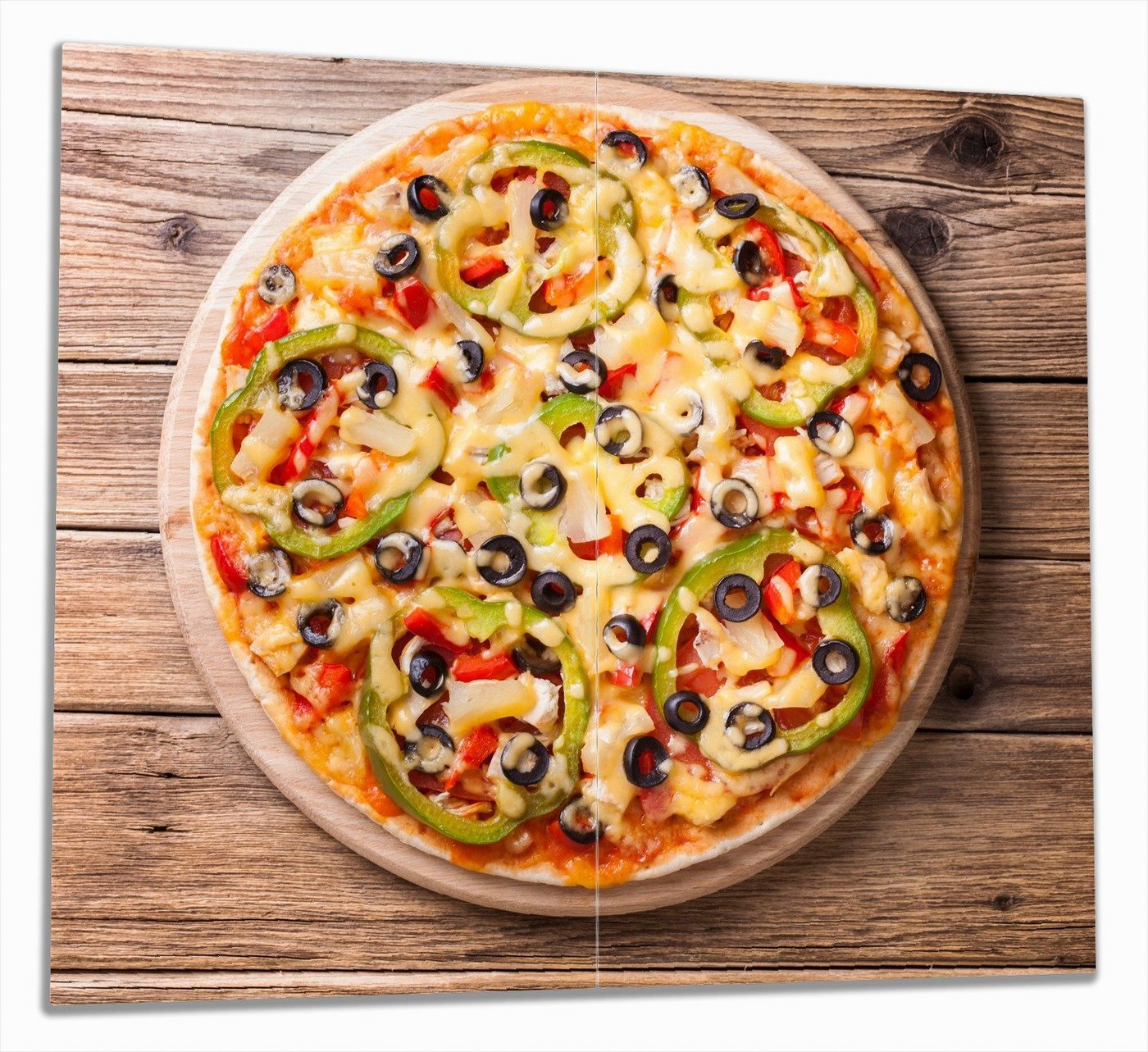 Wallario Herd-Abdeckplatte Italienische Pizza mit Peperoni, Oliven. Paprika und Käse, ESG-Sicherheitsglas, (Glasplatte, 2 tlg., inkl. 5mm Noppen), verschiedene Größen von Wallario