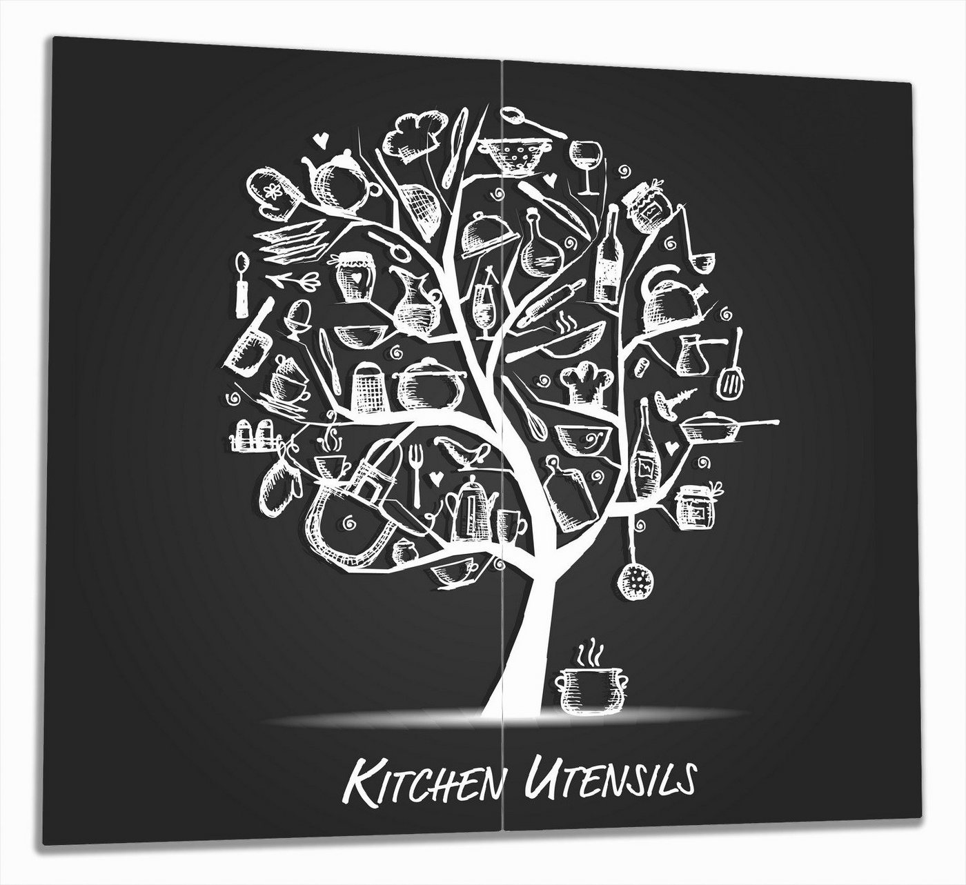 Wallario Herd-Abdeckplatte Kitchen Utensils - Baum aus Küchenutensilien in schwarz weiß, ESG-Sicherheitsglas, (Glasplatte, 2 tlg., inkl. 5mm Noppen), verschiedene Größen von Wallario