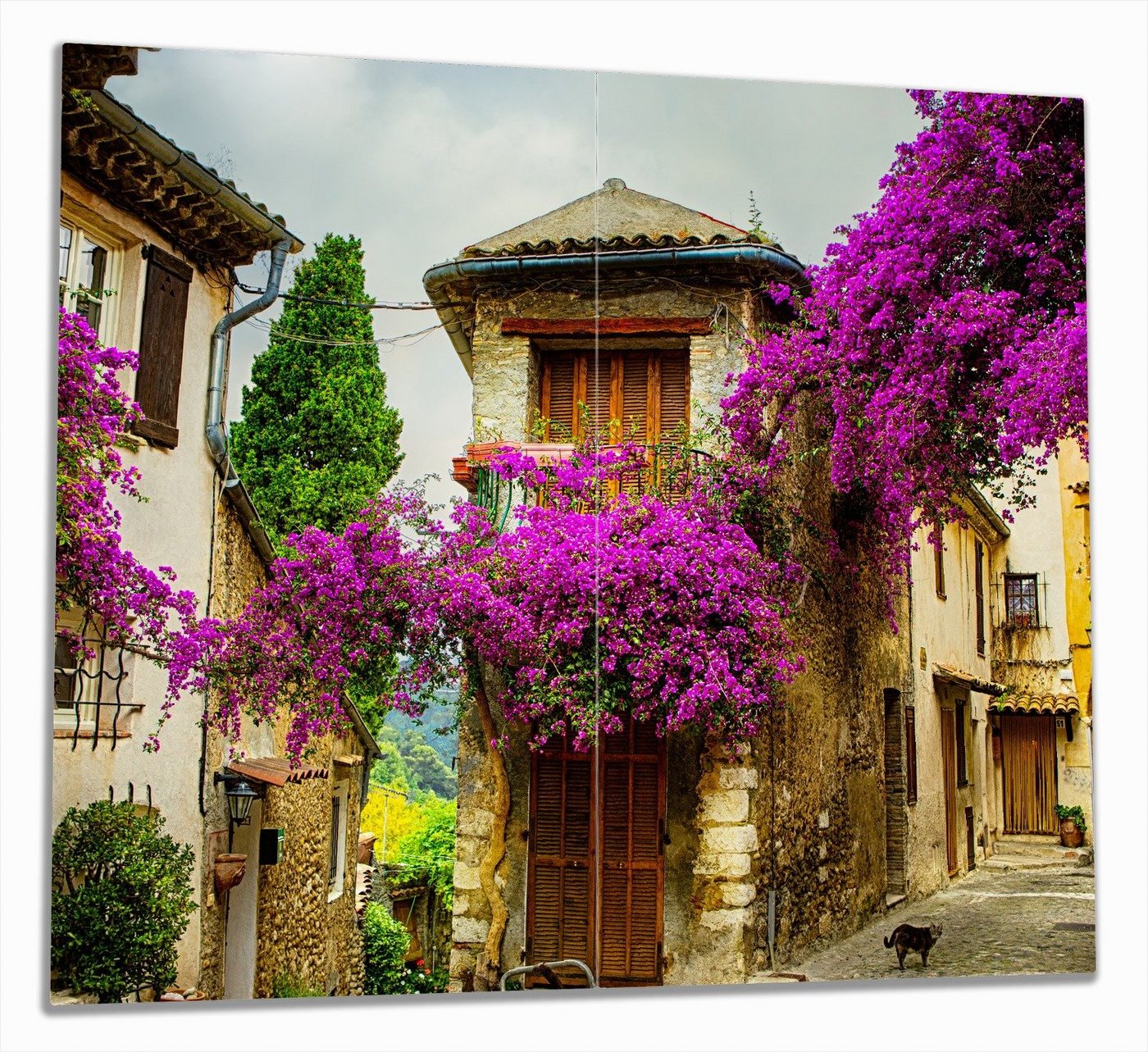 Wallario Herd-Abdeckplatte Malerische Stadt in der Provence mit bunten Blumen, ESG-Sicherheitsglas, (Glasplatte, 2 tlg., inkl. 5mm Noppen), verschiedene Größen von Wallario