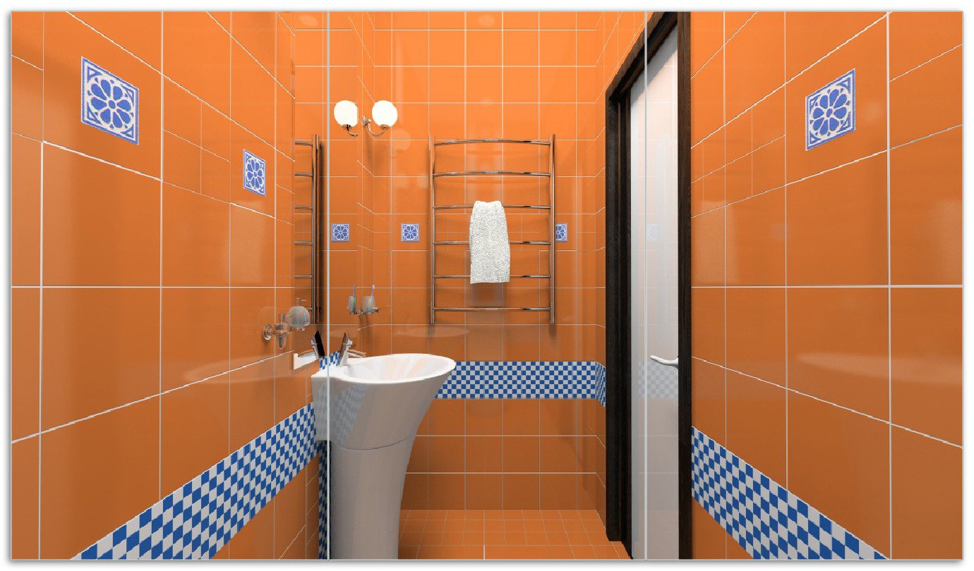 Wallario Herd-Abdeckplatte Modernes Badezimmer in orange mit blauen Fliesen, ESG-Sicherheitsglas, (Glasplatte, 3 tlg., inkl. 5mm Noppen), verschiedene Größen von Wallario