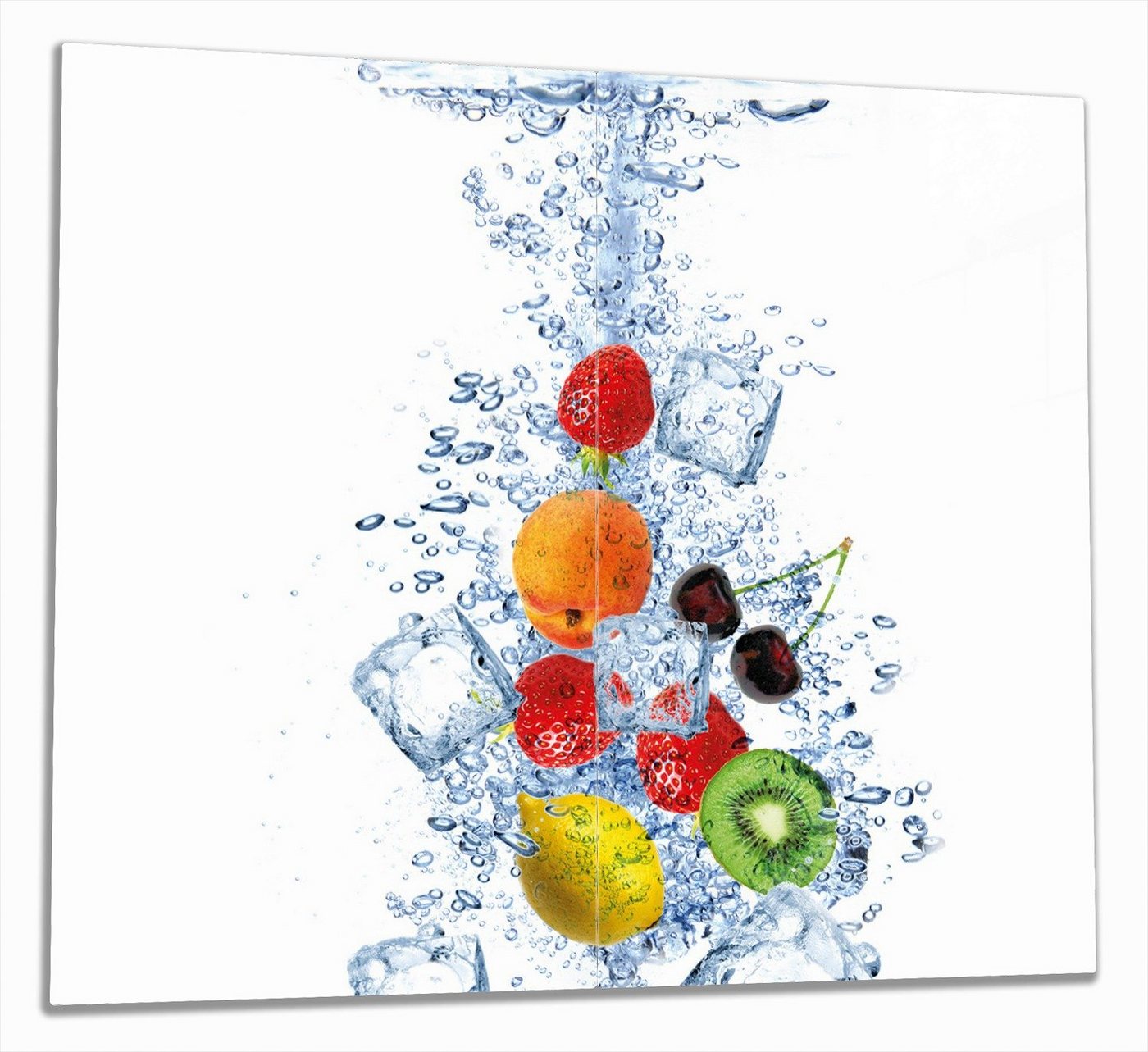 Wallario Herd-Abdeckplatte Obst-Eiswürfel-Mix im Wasser mit weißem Hintergrund, ESG-Sicherheitsglas, (Glasplatte, 2 tlg., inkl. 5mm Noppen), verschiedene Größen von Wallario