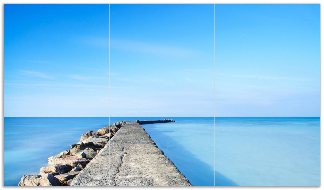 Wallario Herd-Abdeckplatte Pier am blauen Ozean mit blauem Himmel, ESG-Sicherheitsglas, (Glasplatte, 3 tlg., inkl. 5mm Noppen), verschiedene Größen von Wallario