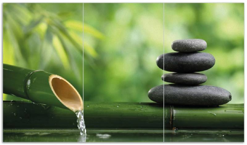 Wallario Herd-Abdeckplatte Steinstapel und Bambus auf dem Wasser, ESG-Sicherheitsglas, (Glasplatte, 3 tlg., inkl. 5mm Noppen), verschiedene Größen von Wallario