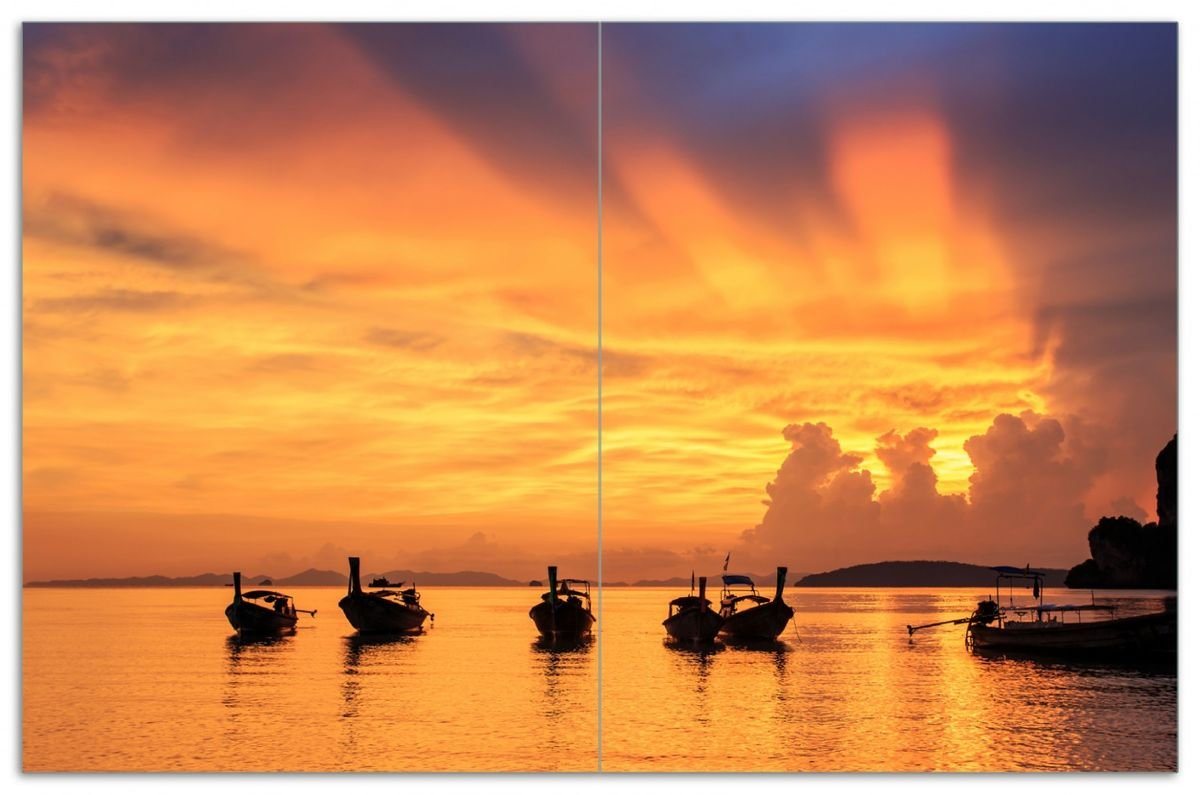 Wallario Herd-Abdeckplatte Thailändische Fischerboote bei Sonnenuntergang, ESG-Sicherheitsglas, (Glasplatte, 2 tlg., inkl. 5mm Noppen), verschiedene Größen von Wallario