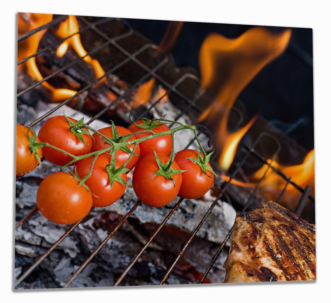 Wallario Herd-Abdeckplatte Tomaten und Steak auf einem Grill, ESG-Sicherheitsglas, (Glasplatte, 1 tlg., inkl. 5mm Noppen), verschiedene Größen von Wallario