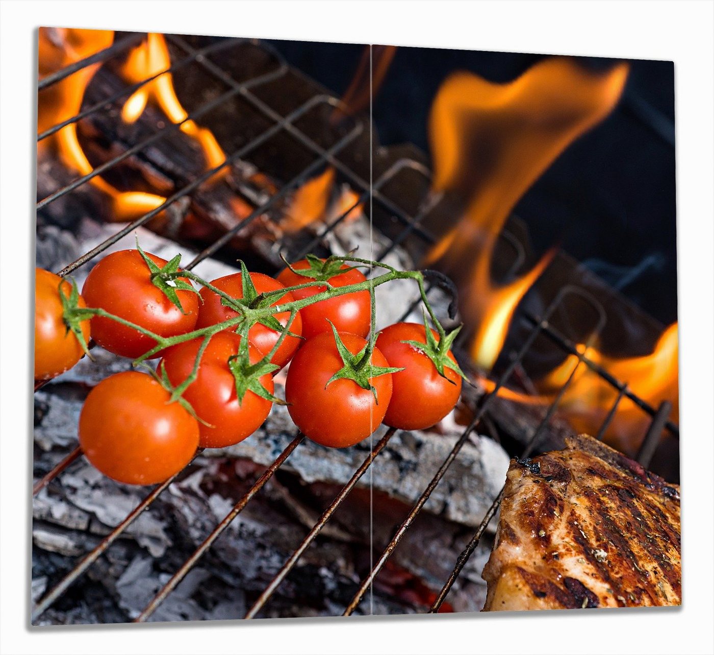 Wallario Herd-Abdeckplatte Tomaten und Steak auf einem Grill, ESG-Sicherheitsglas, (Glasplatte, 2 tlg., inkl. 5mm Noppen), verschiedene Größen von Wallario