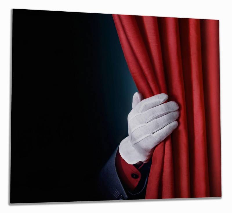 Wallario Herd-Abdeckplatte Vorhang auf für die Show Hand hinterm roten Vorhang, ESG-Sicherheitsglas, (Glasplatte, 1 tlg., inkl. 5mm Noppen), verschiedene Größen von Wallario