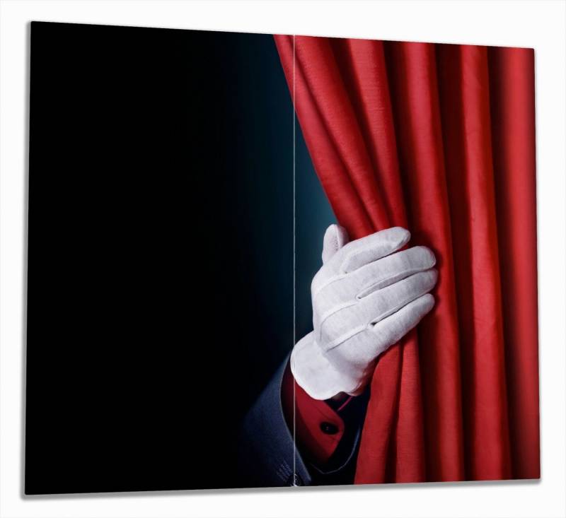 Wallario Herd-Abdeckplatte Vorhang auf für die Show Hand hinterm roten Vorhang, ESG-Sicherheitsglas, (Glasplatte, 2 tlg., inkl. 5mm Noppen), verschiedene Größen von Wallario
