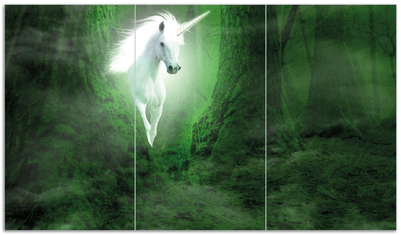 Wallario Herd-Abdeckplatte Weißes Einhorn im grünen Wald, ESG-Sicherheitsglas, (Glasplatte, 3 tlg., inkl. 5mm Noppen), verschiedene Größen von Wallario