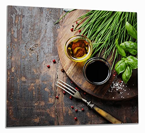 Wallario Herdabdeckplatte/Spritzschutz aus Glas, 1-teilig, 60x52cm, für Ceran- und Induktionsherde, Kräuter, Öle und Gewürze auf einem Holzbrett von Wallario