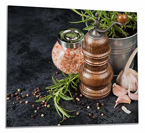 Wallario Herdabdeckplatte/Spritzschutz aus Glas, 1-teilig, 60x52cm mit 8mm hohen Füßen, für Ceran- und Induktionsherde, Salz und Pfeffer mit Knoblauch und Rosmarin von Wallario