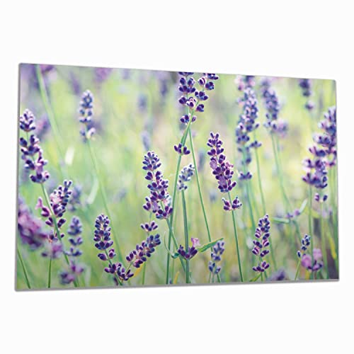 Wallario Herdabdeckplatte/Spritzschutz aus Glas, 1-teilig, 80x52cm, für Ceran- und Induktionsherde, Lila Blumenfreude - Violette Pflanzen auf der Wiese von Wallario