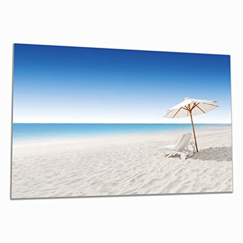 Wallario Herdabdeckplatte/Spritzschutz aus Glas, 1-teilig, 80x52cm mit 13 mm hohen Füßen, für Ceran- und Induktionsherde, Sonnenliege am weißen Strand unter blauem Himmel von Wallario