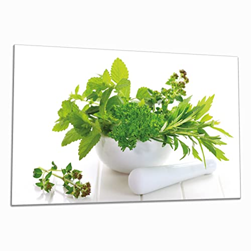 Wallario Herdabdeckplatte/Spritzschutz aus Glas, 1-teilig, 80x52cm mit 8 mm hohen Füßen, für Ceran- und Induktionsherde, Welt der Kräuter - Verschiedene Kräuter in einem weißen Mörser von Wallario