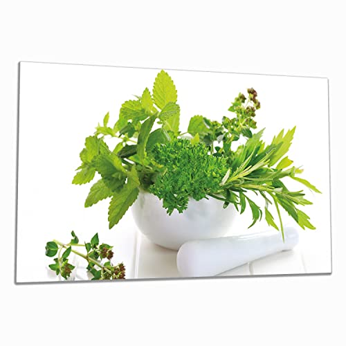 Wallario Herdabdeckplatte/Spritzschutz aus Glas, 1-teilig,90x52cm mit 8mm hohen Füßen, für Ceran- und Induktionsherde, Welt der Kräuter - Verschiedene Kräuter in einem weißen Mörser von Wallario