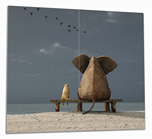 Wallario Herdabdeckplatte/Spritzschutz aus Glas, 2-teilig, 60x52cm, für Ceran- und Induktionsherde, Elefant und Hund sitzen auf Einer Bank von Wallario