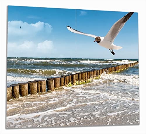 Wallario Herdabdeckplatte/Spritzschutz aus Glas, 2-teilig, 60x52cm, für Ceran- und Induktionsherde, Fliegende Möwe am Strand von Wallario