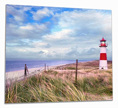 Wallario Herdabdeckplatte/Spritzschutz aus Glas, 2-teilig, 60x52cm, für Ceran- und Induktionsherde, Leuchtturm am Strand von Sylt von Wallario
