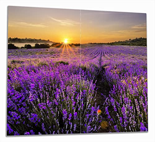 Wallario Herdabdeckplatte/Spritzschutz aus Glas, 2-teilig, 60x52cm, für Ceran- und Induktionsherde, Sonnenuntergang über dem Lavendel von Wallario