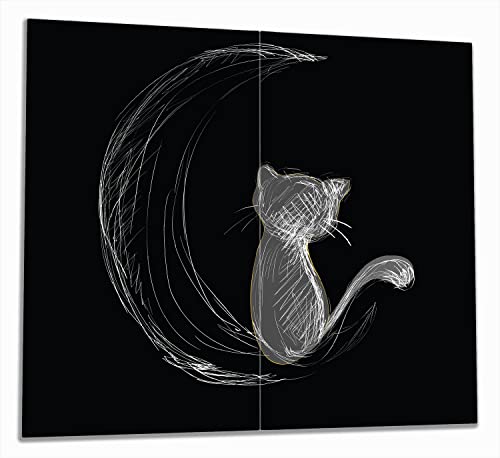 Wallario Herdabdeckplatte/Spritzschutz aus Glas, 2-teilig, 60x52cm, für Ceran- und Induktionsherde, Katze sitzt auf dem Mond - illustriert in weiß auf schwarz von Wallario