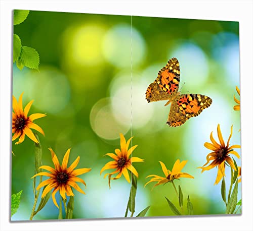Wallario Herdabdeckplatte/Spritzschutz aus Glas, 2-teilig, 60x52cm mit 13mm hohen Füßen, für Ceran- und Induktionsherde, Blumen mit Schmetterling von Wallario
