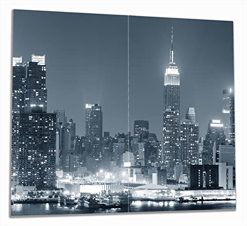 Wallario Herdabdeckplatte/Spritzschutz aus Glas, 2-teilig, 60x52cm mit 8mm hohen Füßen, für Ceran- und Induktionsherde, New York Skyline - Schwarz Weiß Blau von Wallario