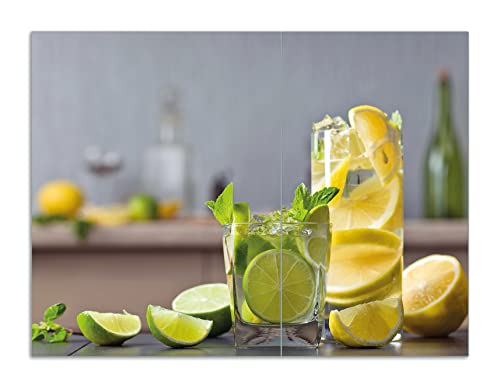 Wallario Herdabdeckplatte/Spritzschutz aus Glas, 2-teilig, 70x52cm, für Ceran- und Induktionsherde, Motiv Cocktails mit Limetten und Zitronen von Wallario