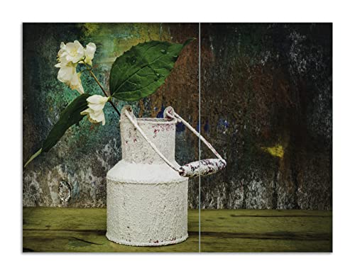 Wallario Herdabdeckplatte/Spritzschutz aus Glas, 2-teilig, 70x52cm, für Ceran- und Induktionsherde, Motiv Jasmin Blumen in Einer Alten Milchkanne von Wallario