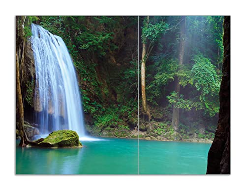 Wallario Herdabdeckplatte/Spritzschutz aus Glas, 2-teilig, 70x52cm, für Ceran- und Induktionsherde, Motiv Wasserfall im Wald am See Idylle in Thailand von Wallario