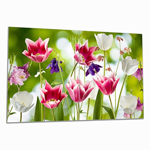 Wallario Herdabdeckplatte/Spritzschutz aus Glas, 2-teilig, 80x52cm mit 13 mm hohen Füßen, für Ceran- und Induktionsherde, Blühende Blumen im Frühling in pink und weiß von Wallario