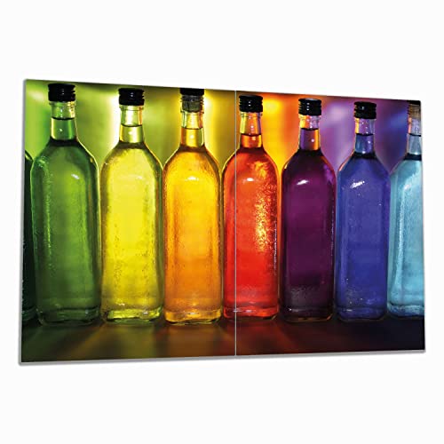 Wallario Herdabdeckplatte/Spritzschutz aus Glas, 2-teilig, 80x52cm mit 8 mm hohen Füßen, für Ceran- und Induktionsherde, Bunte Flaschen im Regal von Wallario