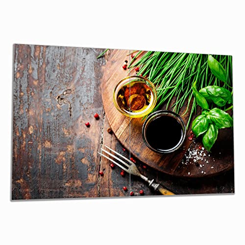 Wallario Herdabdeckplatte/Spritzschutz aus Glas, 2-teilig, 80x52cm mit 8 mm hohen Füßen, für Ceran- und Induktionsherde, Kräuter, Öle und Gewürze auf einem Holzbrett, Küchenzubehör von Wallario