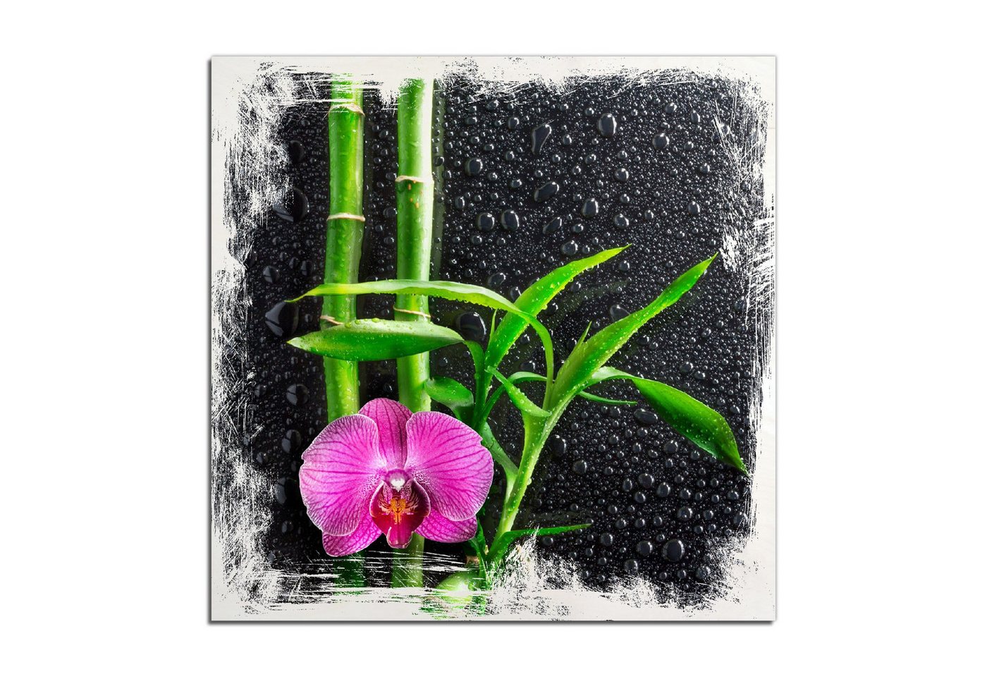 Wallario Holzbild, Bambus und pinke Orchidee auf schwarzem Glas mit Regentropfen, in verschiedenen Ausführungen Wallario Holzbild, Bambus und pinke Orchidee auf schwarzem Glas mit Regentropfen, in verschiedenen Ausführungen von Wallario