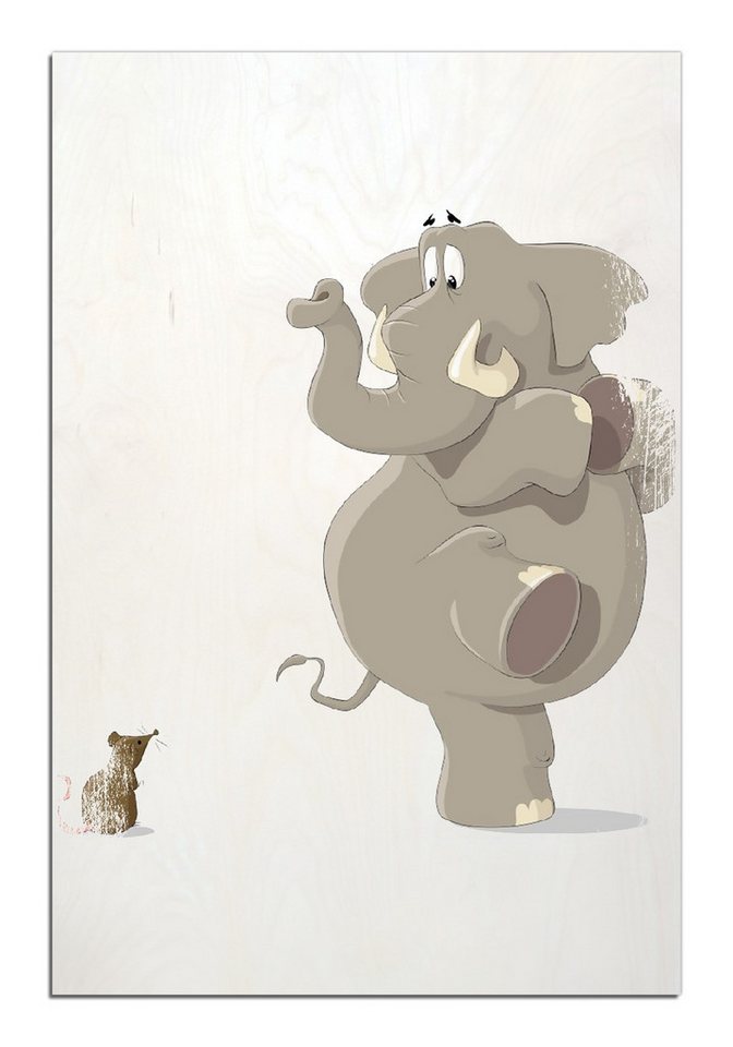 Wallario Holzbild, Elefant erschrickt vor Maus, in verschiedenen Ausführungen Wallario Holzbild, Elefant erschrickt vor Maus, in verschiedenen Ausführungen von Wallario