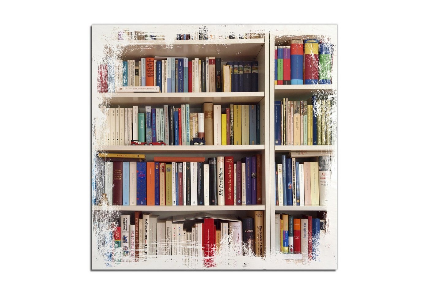 Wallario Holzbild, Weißes Bücherregal mit unterschiedlichen Büchern, in verschiedenen Ausführungen Wallario Holzbild, Weißes Bücherregal mit unterschiedlichen Büchern, in verschiedenen Ausführungen von Wallario